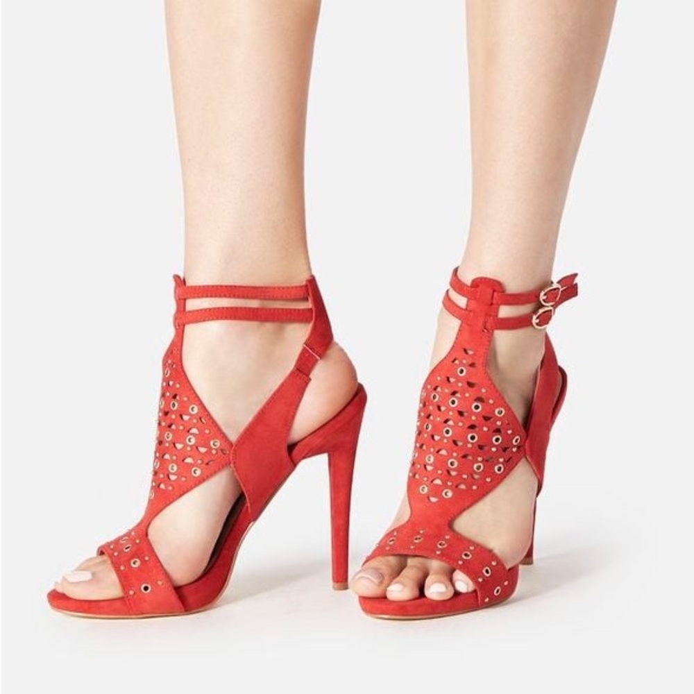 JustFab MELYNDA Red Studded Laser‎ Cut Stiletto Heel Shoes, Size 9, NWOB